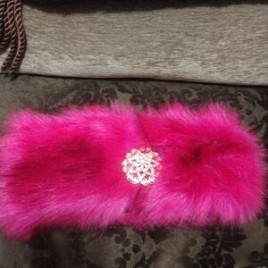 Hot Pink Faux Fur Headband Ear Cover Or Scarf With Rhinestone Brooch